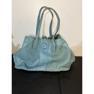 Coach Blue Patent Leather Signature C Kisslock Satchel Medium Size Good Cond